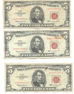 LOT OF 3 1963 RED SEAL 5 DOLLAR BILL (F4) NICE CONDITION