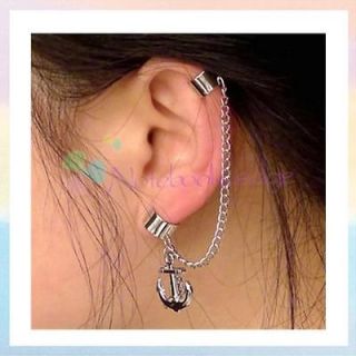   Anchor Pendant Double Left Right Ear Cuff Earring Connector Chain