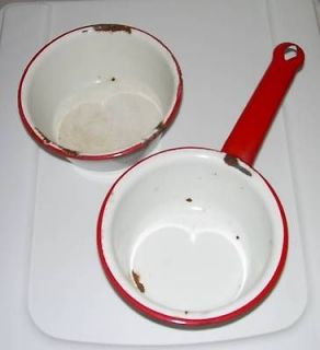 Vintage Red White Enamel Ware 5 Pots Pans