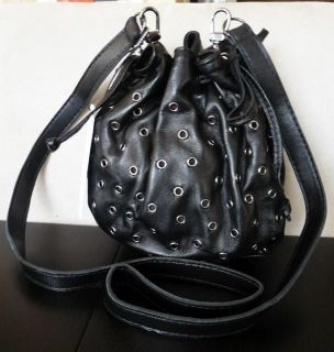   Black Soft Leather Nika Gormmet Drawstring Crossbody Pouchette Bag