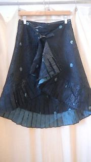 Magaschoni Black and Teal Ostrich Feather print Pleated skirt