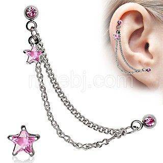   Pink 16g Star 316L Surgical Steel Double Chained Cartilage Earring