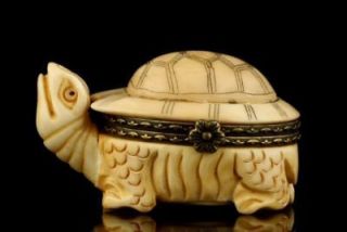 CHINESE CARVED STATUE OX BONE TURTLE JEWELRY BOX
