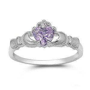 Alexandrite CZ Lavender Heart Claddagh Sterling Silver Ring   9mm 