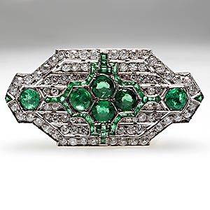   Emerald & Diamond Brooch Pin Solid Platinum Fine Estate Jewelry