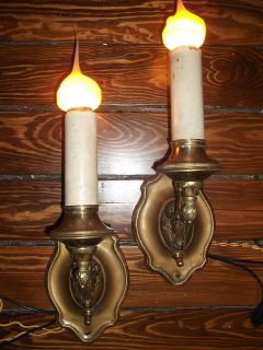 Pair Antique Brass Wall Sconces Electric Candle Light Fixtures #249