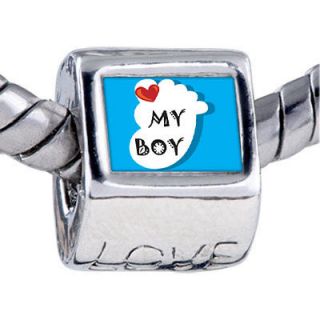 PUGSTER HEART MY BABY BOY FOOT BLUE CHARM PHOTO BEAD FOR BRACELET T73