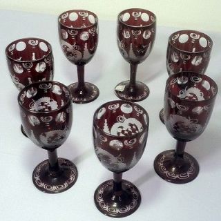   1950 Egermann Czechoslovakian Bohemian Ruby Red Etched Cordial Glasses