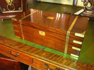 ENGLISH REGENCY MAHOGANY AND BRASS LAP DESK  GREEN LEATHER GILT TOOLED 