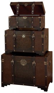 Set/3 Old Time Classic Leather And Wood Chest Trunk