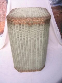 Antique 19th c. Wicker Clothes Hamper/ Laundry Basket, Old Green Paint 
