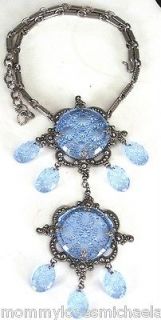 SCHREINER Signed Amazing Carved Blue Glass Necklace/Pin