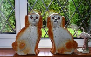   Pair Of Mid 19th c Staffordshire Glass Eye Mantle/Wally Dogs/Spaniels