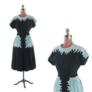 VINTAGE 40s Rayon Linen ART DECO Colorblock Coctail Black + Blue DRESS 