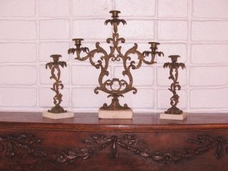 Set Three Solid Brass Antique Victorian Candelabras On Marble Bases