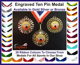 ENGRAVED TEN PIN BOWLING SKITTLES ROSETTE MEDAL WITH RIBBON TROPHY 