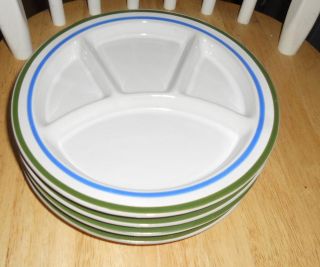 Heavy White Sushi Plates Green and Blue Stripe Rim  Set of 4