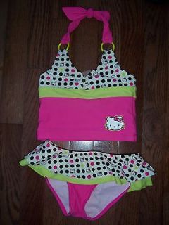 HELLO KITTY 2 pc Halter Tank Bikini Bathing/ Swim Suit sz 4 Pink/Green