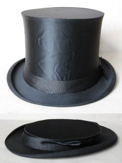 ANTIQUE FRENCH MARKED COLLAPSIBLE SILK / SATIN TOP HAT / FOLDING OPERA 