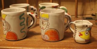 Vintage Desimone Italy Whimsical Coffee Mugs Set Of 4 & Small Creamer