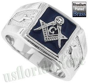 Mens Square Blue Masonic Mason Rhodium Plated Ring New