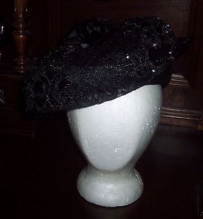   FORMAL HAT LACE FLOWERS CLEAR RINESTONES CHURCH TEA FUNERAL GOTH ROC