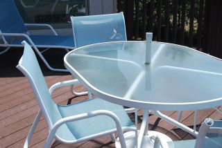 Gently Used Outdoor Furniture Set Umbrellas & Chairs Blue and White by 