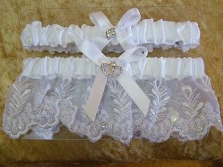   Satin and Lace Rhinestone Heart Ribbon Wedding Garter Set Bridal belt