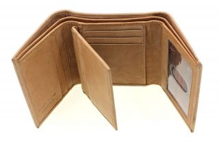 Mens Genuine Leather Tan Trifold Wallet Center Flap Hidden Pocket