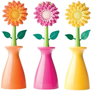 Eddingtons Geranium Flower Power Dishbrush in Plastic Plant Pot Stand 