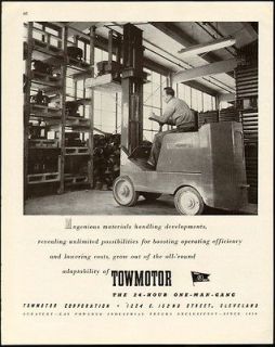 1943 Print Ad TOWMOTOR One man Gang first Fork Lift WW2