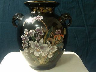 Yamaji Vase; Black with Flowers; Beautiful show piece; 8 H x 8 W 