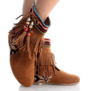 Brown Suede Boho Tribal Fringe Tassel Women Flat Ankle Boots Booties 