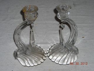 NICE Pair of antique CLEAR GLASS Candle Holders. Unusual Design. 7.5 