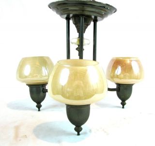 Vintage Brass Art Deco Ceiling Light Fixture with Glass Slip Shades