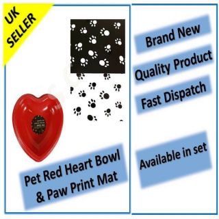 PET BOWL MAT RED HEART PAW PRINT WHITE BLACK FEEDING FOOD DOG CAT 