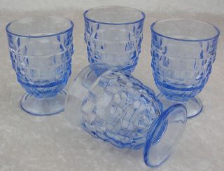 Vintage Clear Blue Footed Water Drinking Glasses Set of 4