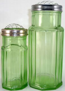 Set Of Two Green Glass Spaghetti Pasta Flower Display Canister Jars 