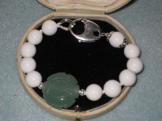 Vintage White Coral Green Jade Bracelet Sterling Clasp