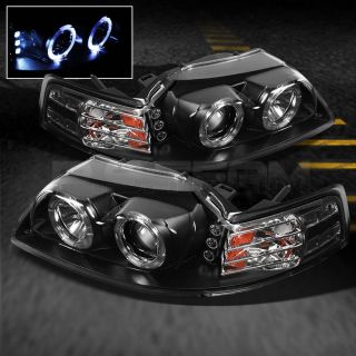 99 04 Ford Mustang Twin Halo LED Projector Black Headlights Lamp Pair 