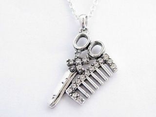 Hair Stylist Barber Salon Comb/Scissors Crystal Silver Chain Necklace 