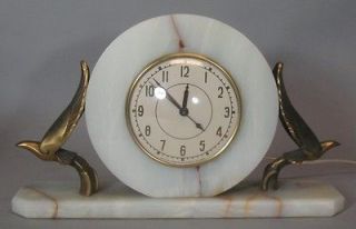Art Deco White Onyx Clock w/ Cubist Birds Whitehall Hammond c. 1930s