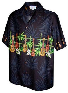 New Mens Black Hawaiian Aloha Shirt Beach Ukuleles 4XL