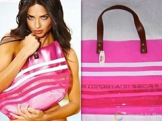 Victorias Secret Pink Stripe Logo Jelly Clear PVC Beach Tote Purse 