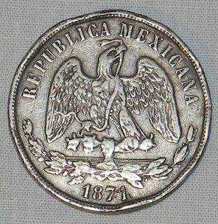   1871 Silver Republica Mexicana Un Peso Coin Second Republic Circulated