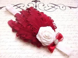 Baby toddler vintage headband feather red pad photo prop Christmas 