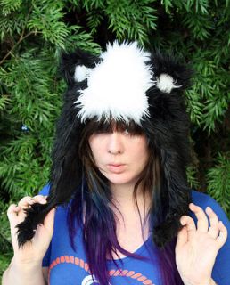 Faux Fur Plush 3D Half Animal Hood Hat Ear Flaps Skunk