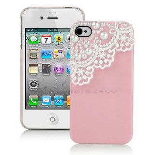   Pink Pearl Lace Hard Cover Case For iPhone 4 4S w/ Screen Protector