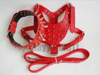 Red Spiked&Studded Leather Dog Harness&Collar&Leashes SET for Pit Bull 