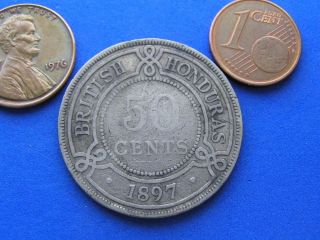 1897 British Honduras 50 Cents Silver Coin. Queen Victoria British 